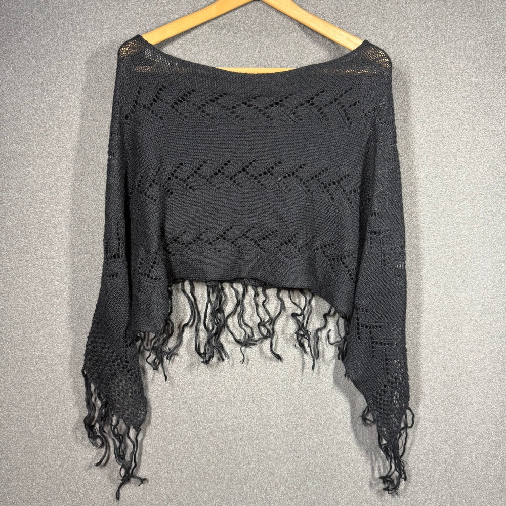 Black Pointelle Knit Fringe Poncho Shawl Wrap One Size Ramie Mohair Blend